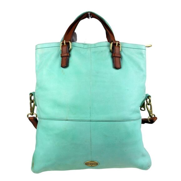 Fossil AQUA GREEN GENUINE LEATHER CONVERTIBLE TAN TOP HANDLE SHOULDER BAG TOTE - Picture 4 of 14